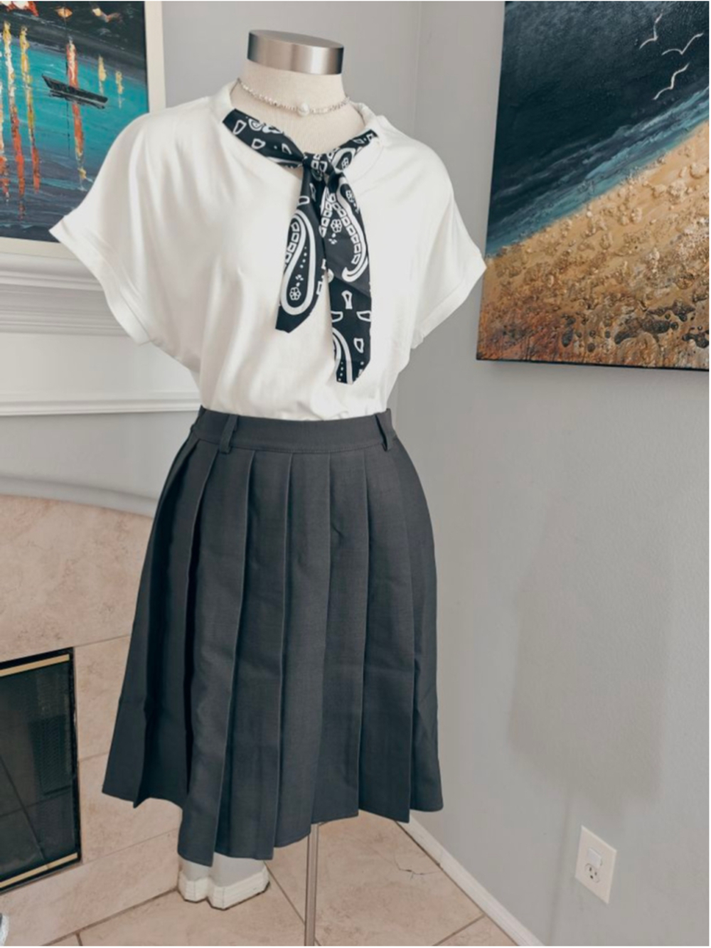 Women's White Short Sleeve Tee with Black Bandana Scarf